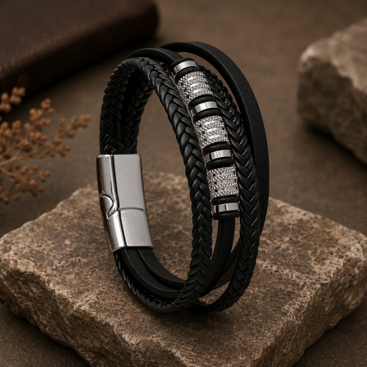 Black Steel Charm Rope Magnetic Clasp Bracelet for Men