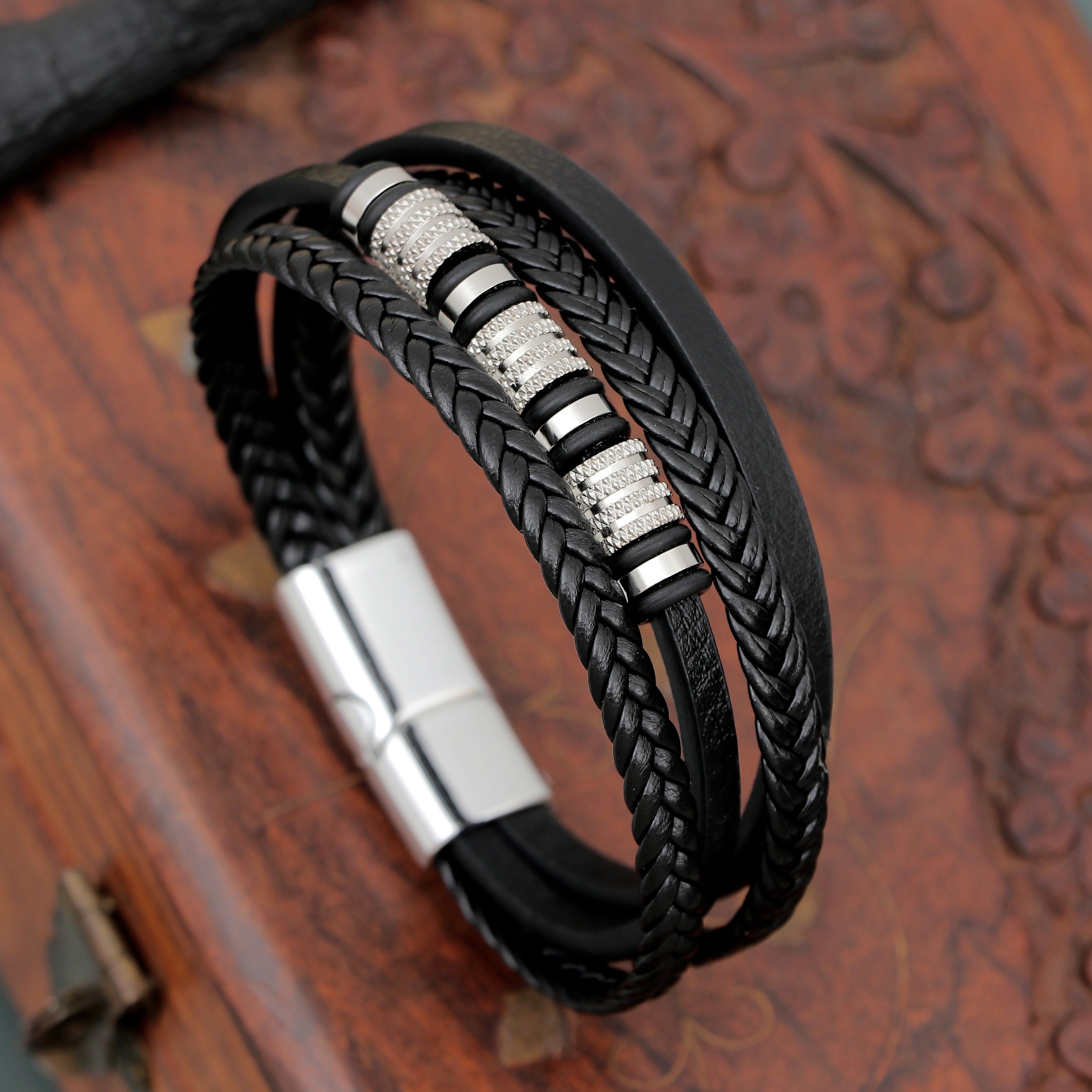 Black Steel Charm Rope Magnetic Clasp Bracelet for Men
