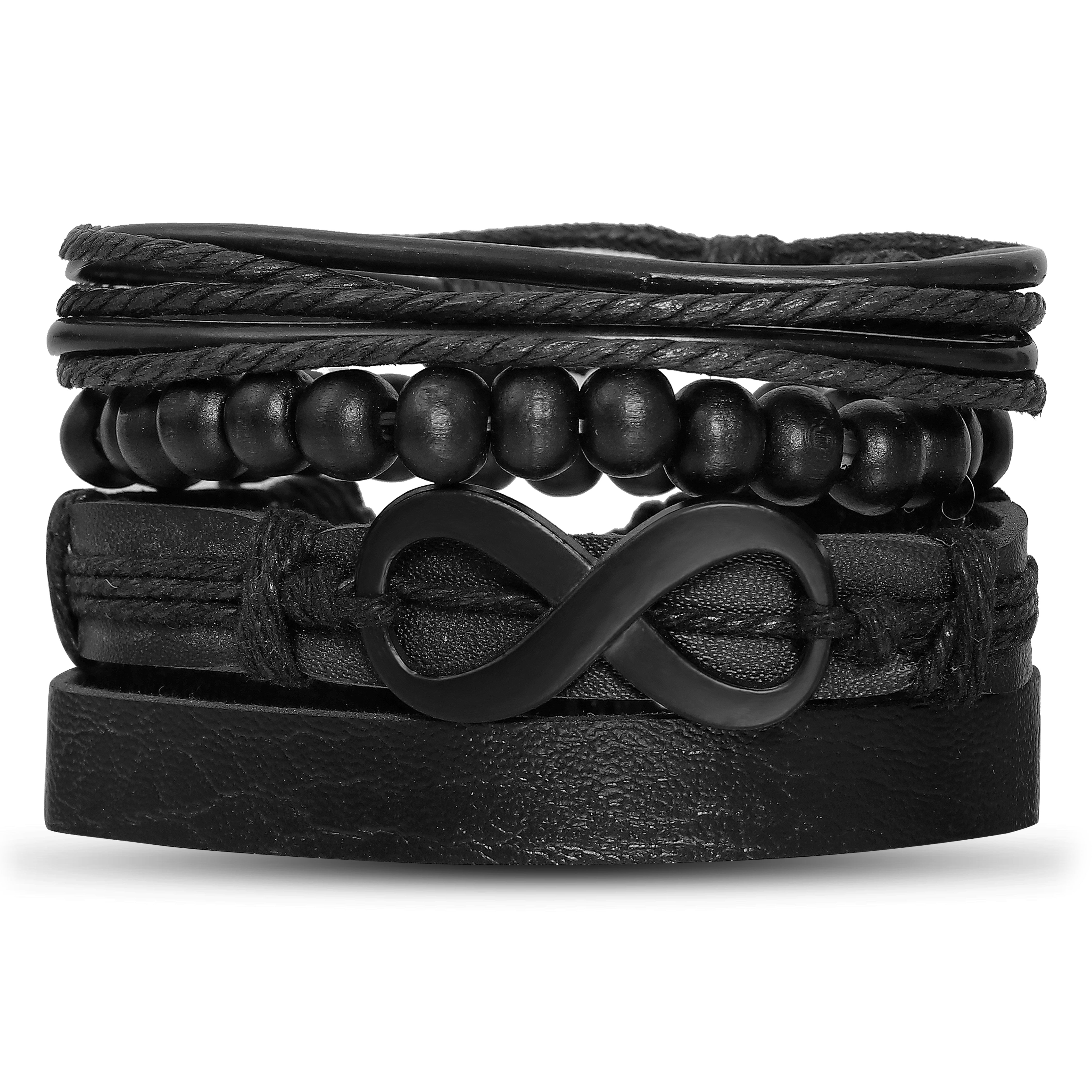 Pack of 4 Black Infinity Symbol Leather Bracelet Set for Men