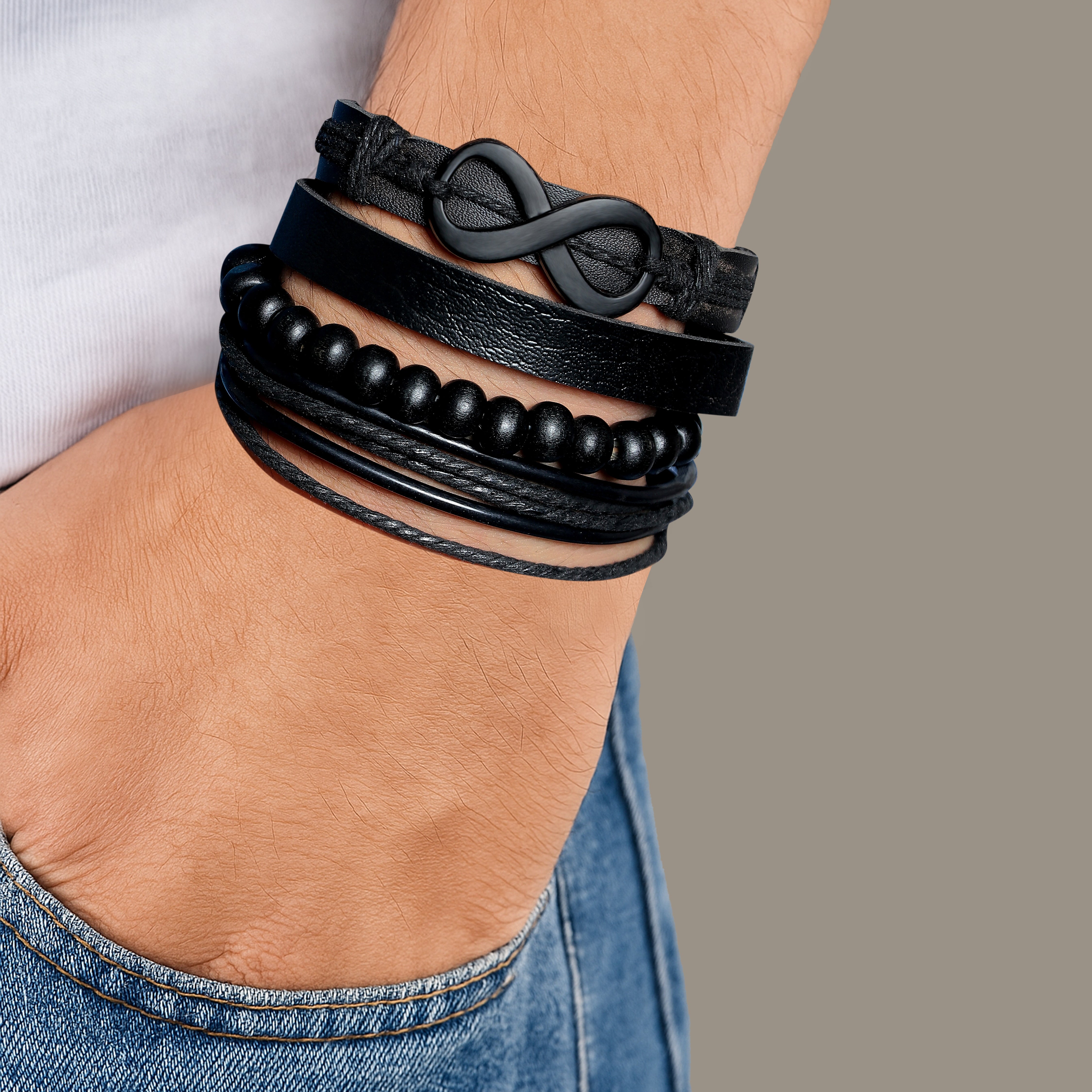 Pack of 4 Black Infinity Symbol Leather Bracelet Set for Men