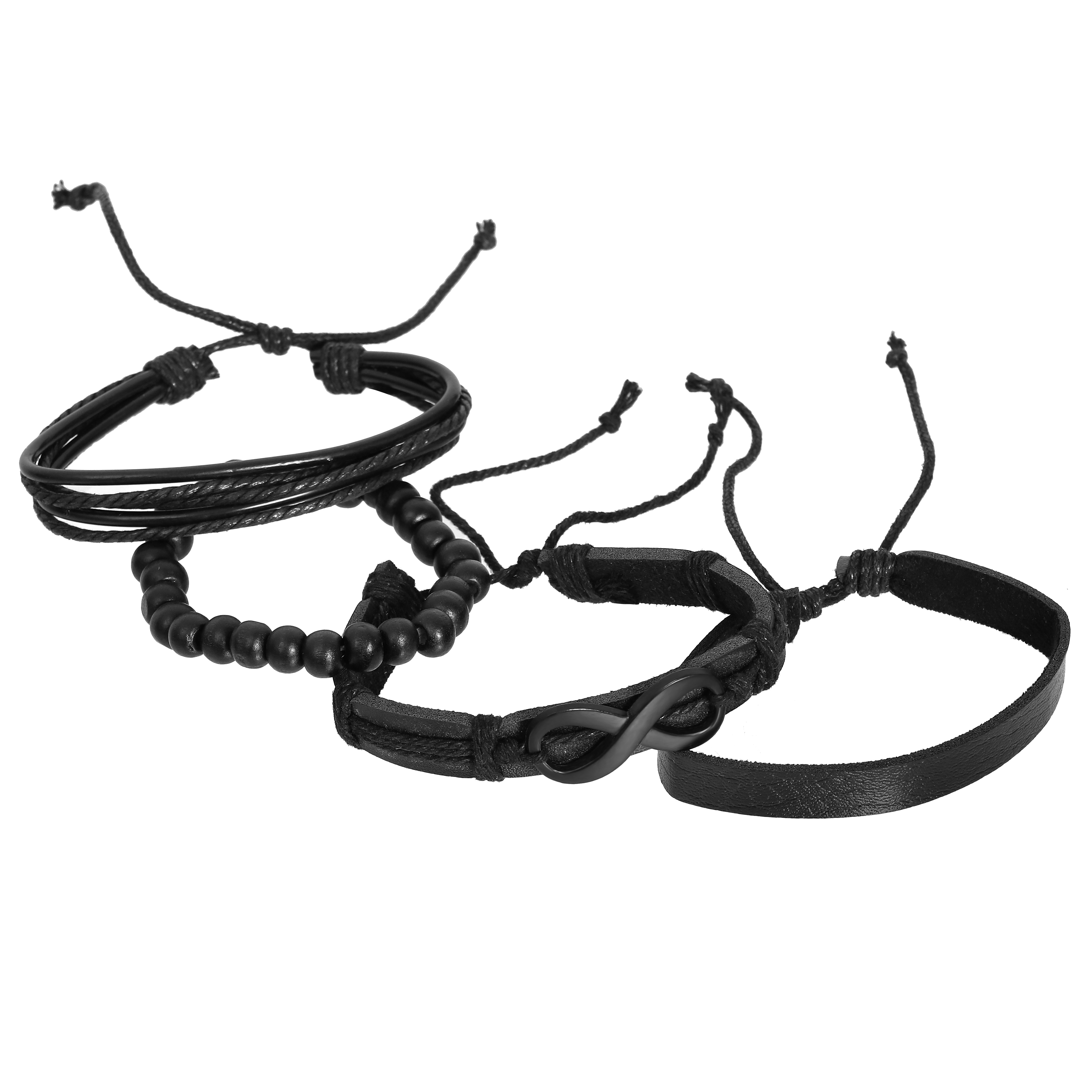 Pack of 4 Black Infinity Symbol Leather Bracelet Set for Men