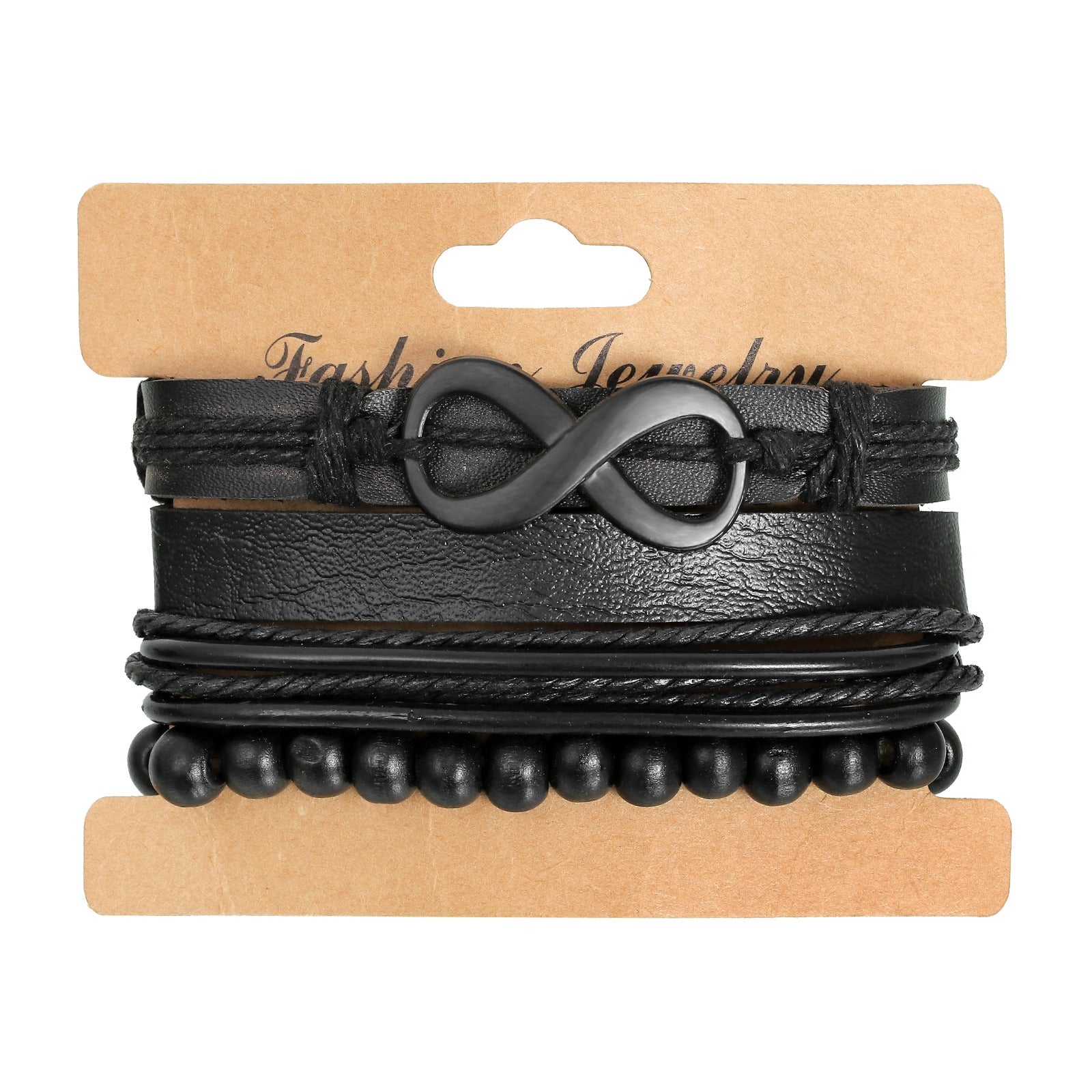 Pack of 4 Black Infinity Symbol Leather Bracelet Set for Men
