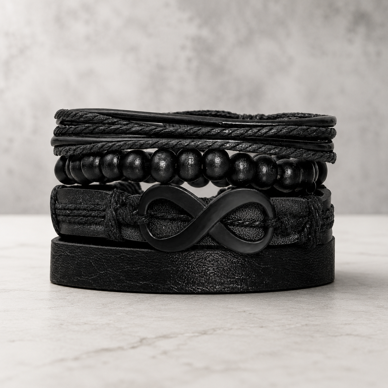 Pack of 4 Black Infinity Symbol Leather Bracelet Set for Men