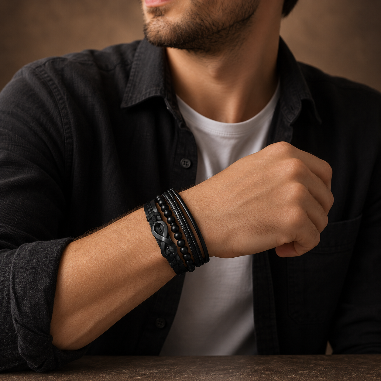 Pack of 4 Black Infinity Symbol Leather Bracelet Set for Men
