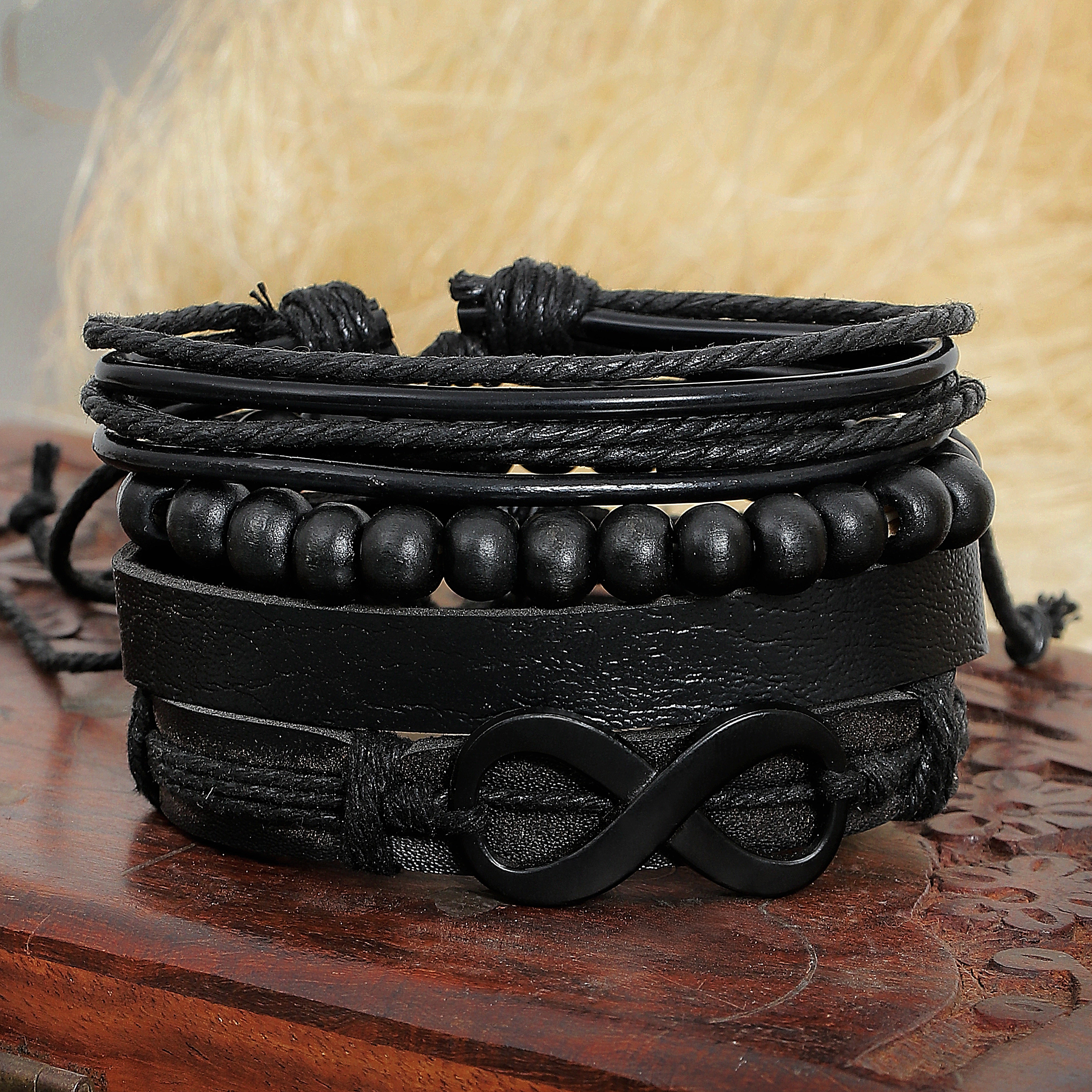 Pack of 4 Black Infinity Symbol Leather Bracelet Set for Men