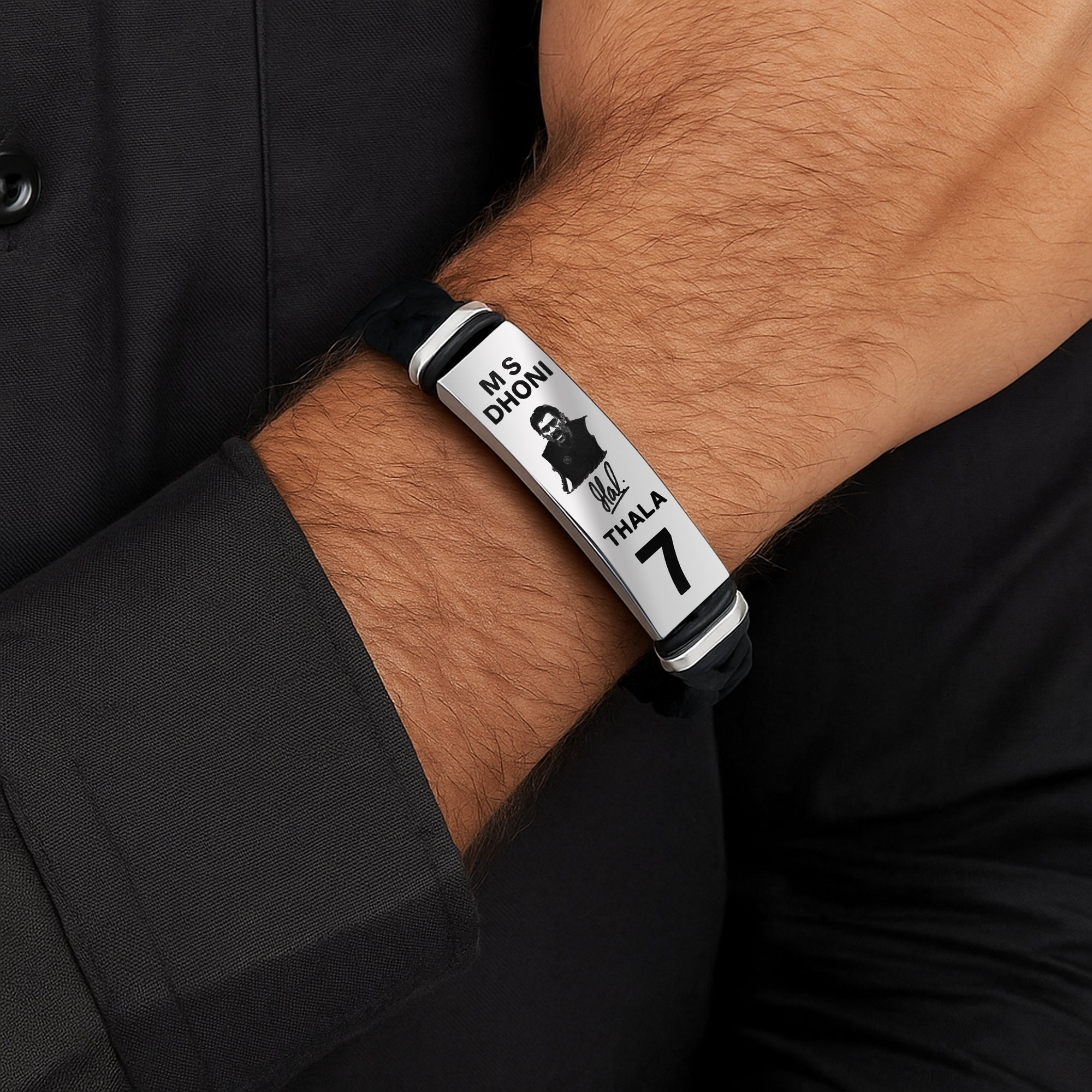 MS Dhoni Imprinted Face/Signature Leather Bracelet for Men