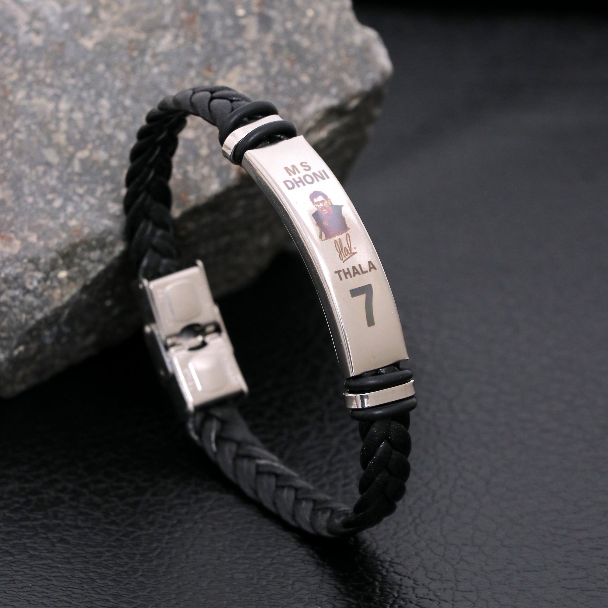 MS Dhoni Imprinted Face/Signature Leather Bracelet for Men