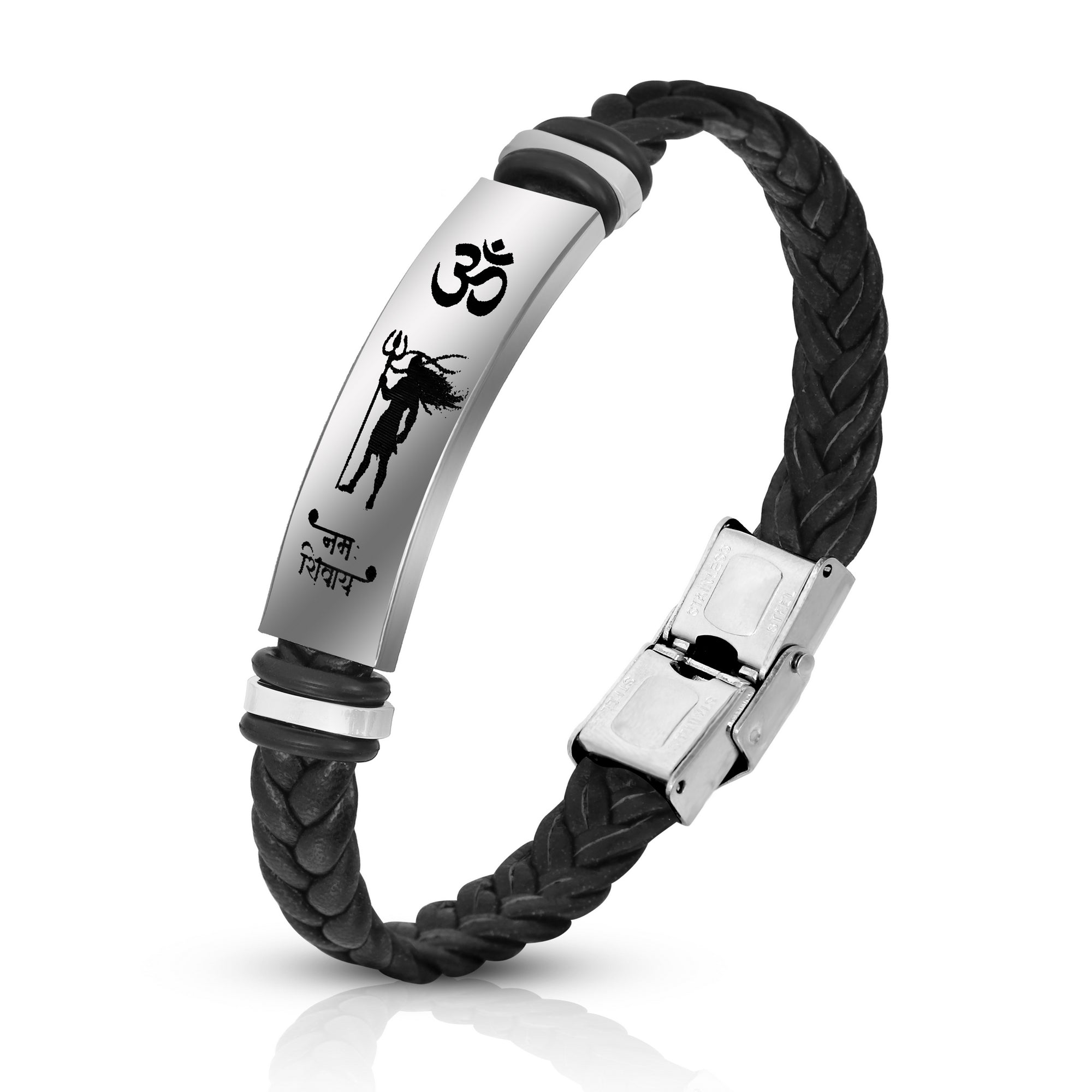Religious Lord Shiv Om Namah Shivaya Black Imprinted Leather Bracelet for Men