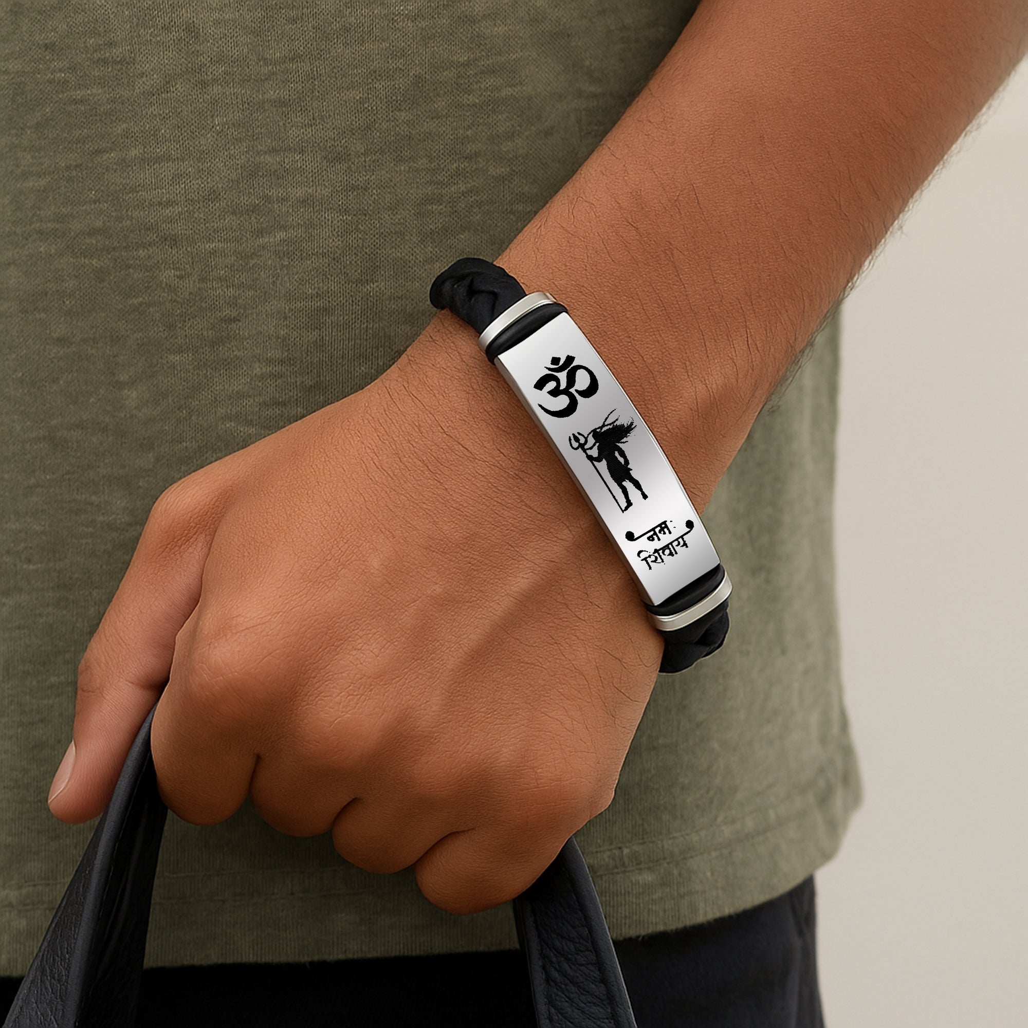 Religious Lord Shiv Om Namah Shivaya Black Imprinted Leather Bracelet for Men