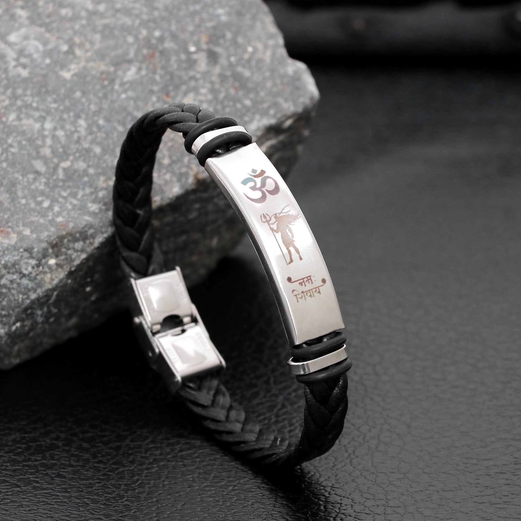 Religious Lord Shiv Om Namah Shivaya Black Imprinted Leather Bracelet for Men