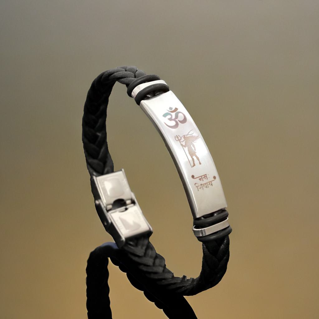 Religious Lord Shiv Om Namah Shivaya Black Imprinted Leather Bracelet for Men