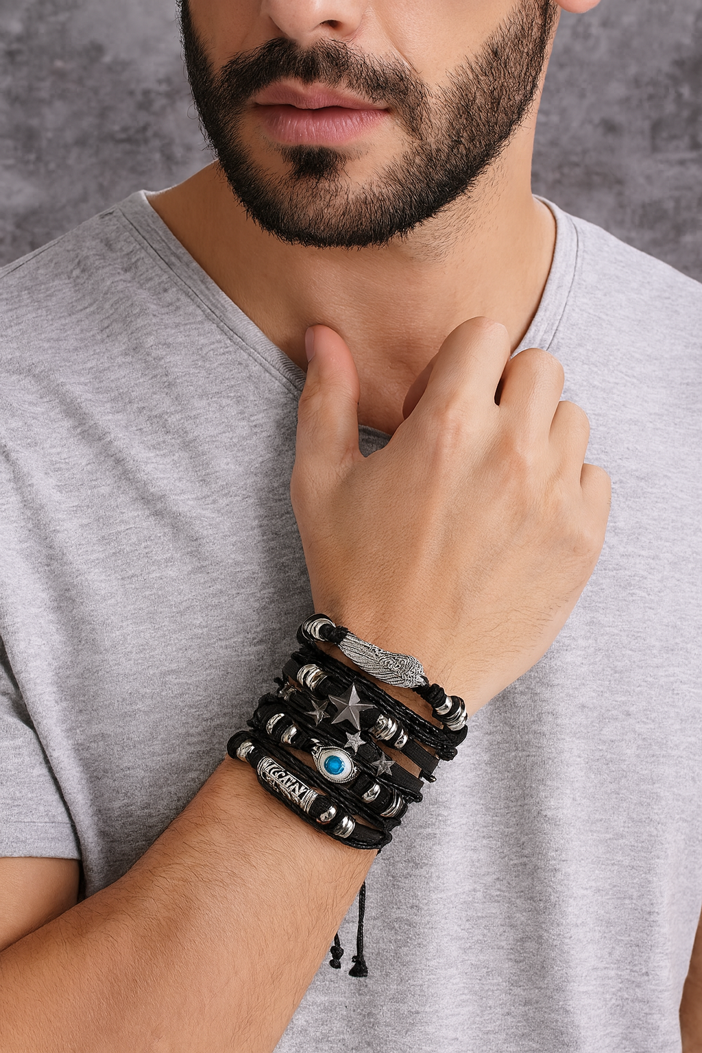 Pack of 5 Black Eclipse Eye Braided PU Leather Bracelet For Men