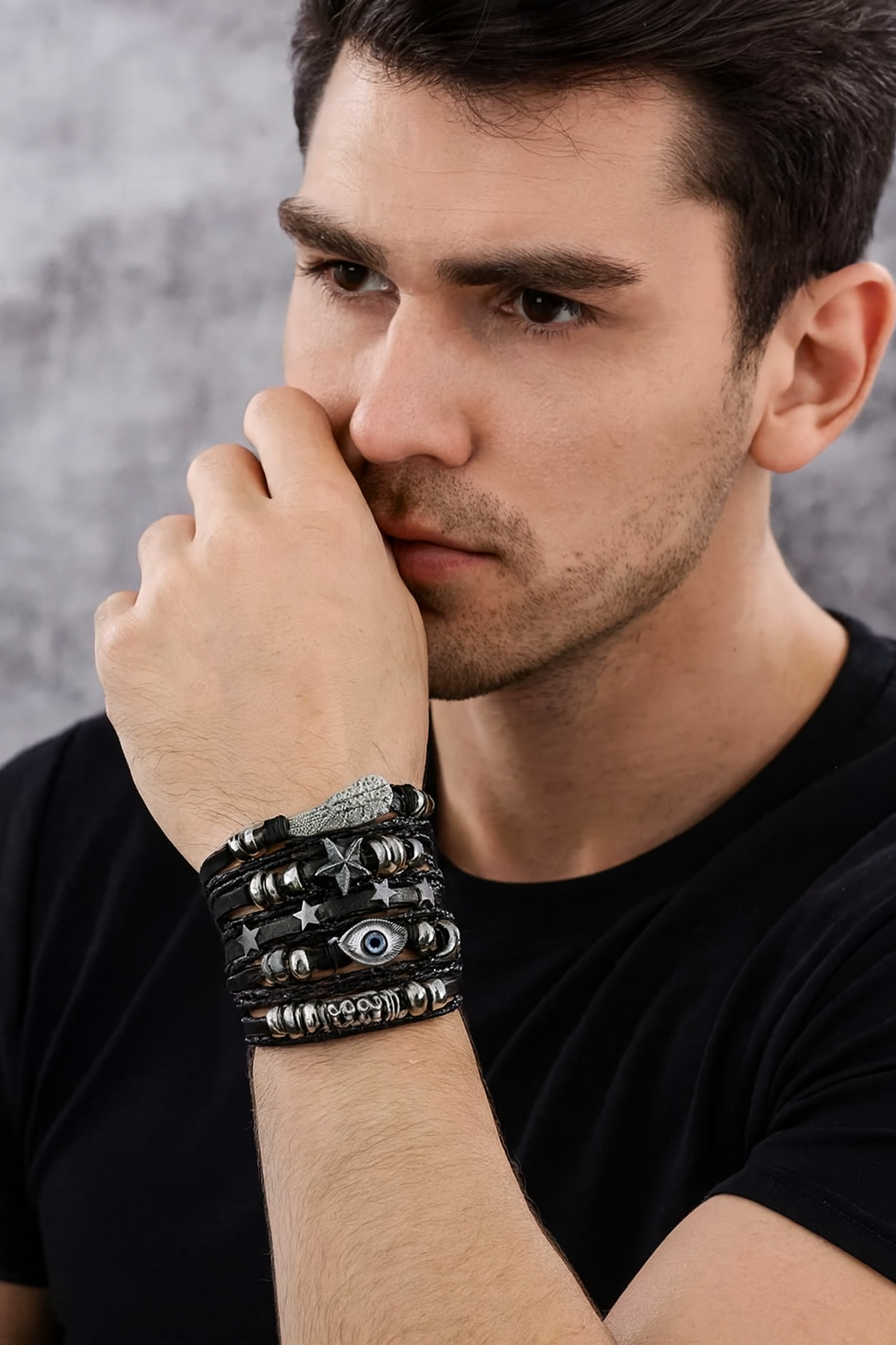 Pack of 5 Black Eclipse Eye Braided PU Leather Bracelet For Men