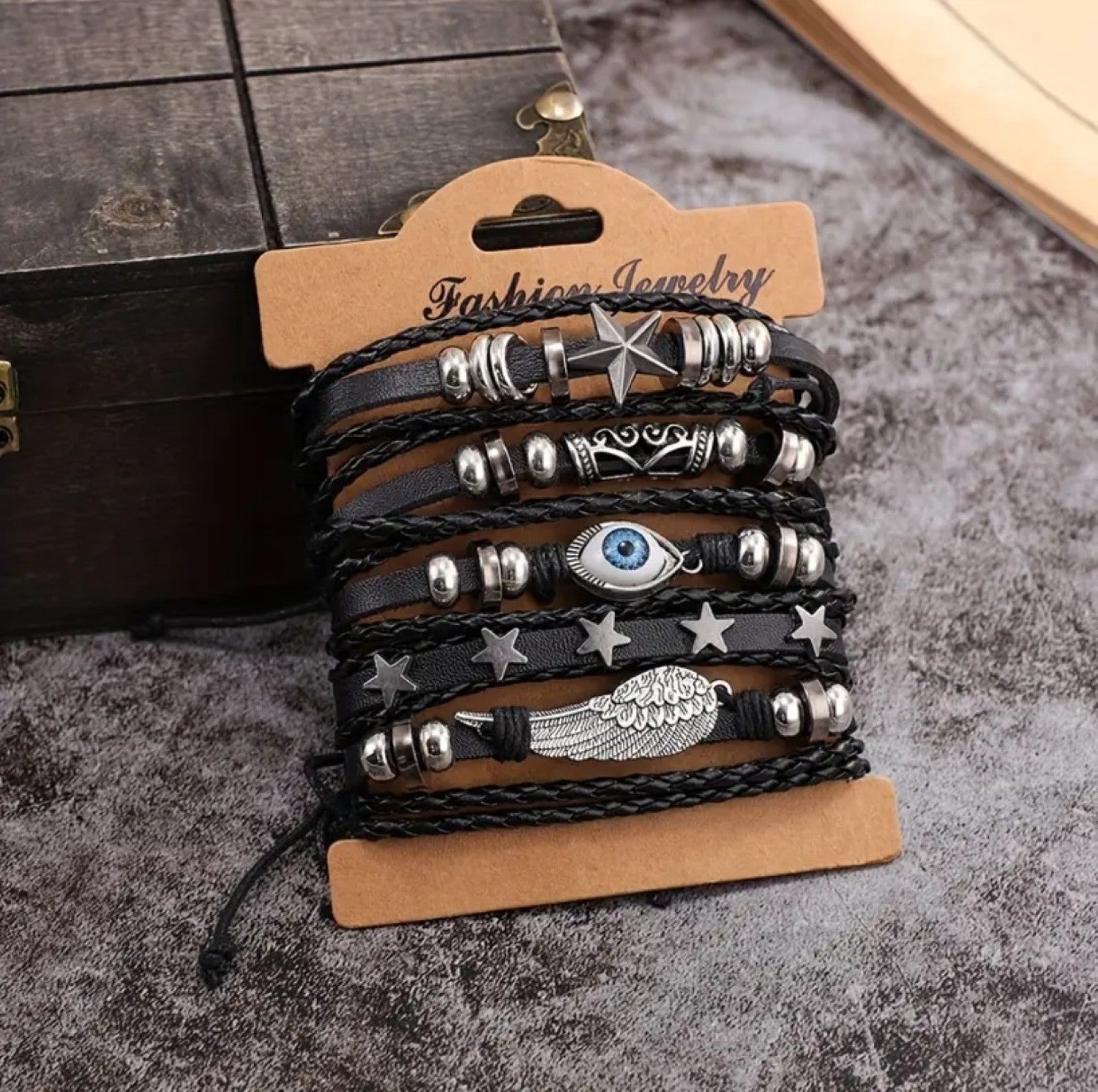 Pack of 5 Black Eclipse Eye Braided PU Leather Bracelet For Men