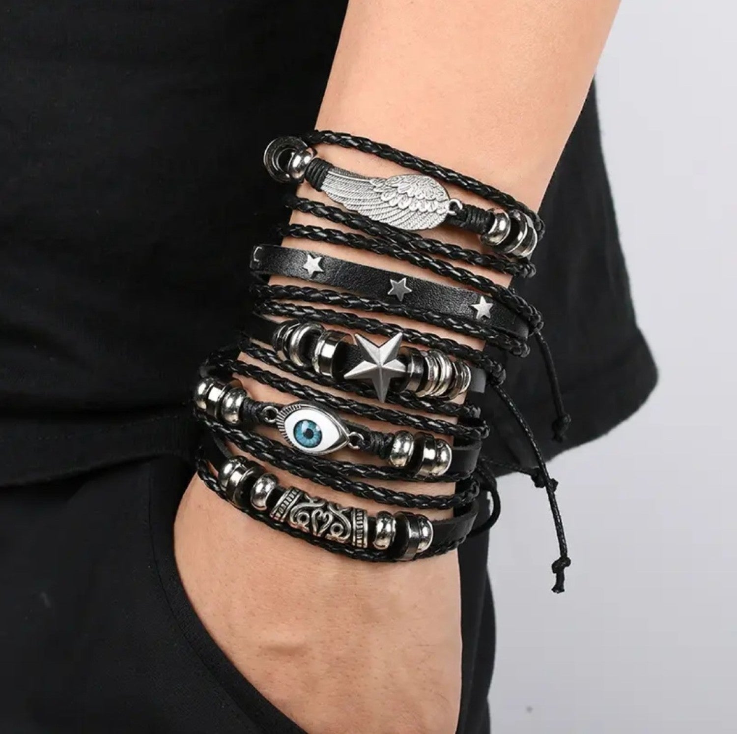 Pack of 5 Black Eclipse Eye Braided PU Leather Bracelet For Men