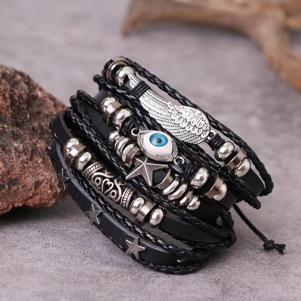 Pack of 5 Black Eclipse Eye Braided PU Leather Bracelet For Men