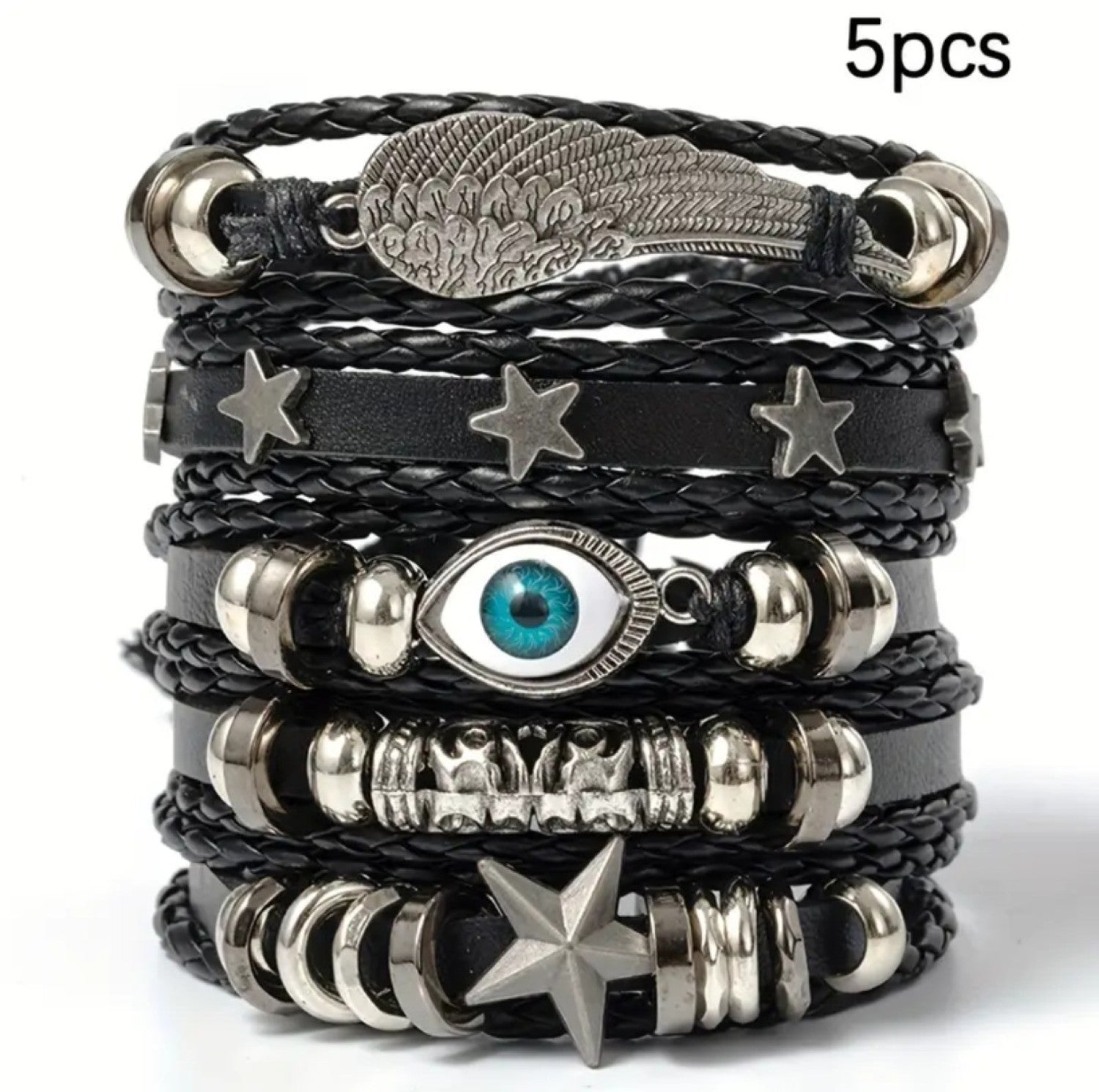 Pack of 5 Black Eclipse Eye Braided PU Leather Bracelet For Men