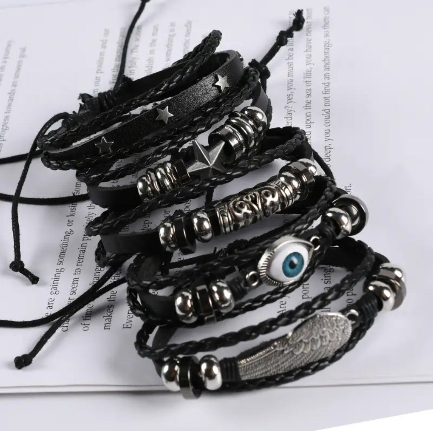 Pack of 5 Black Eclipse Eye Braided PU Leather Bracelet For Men