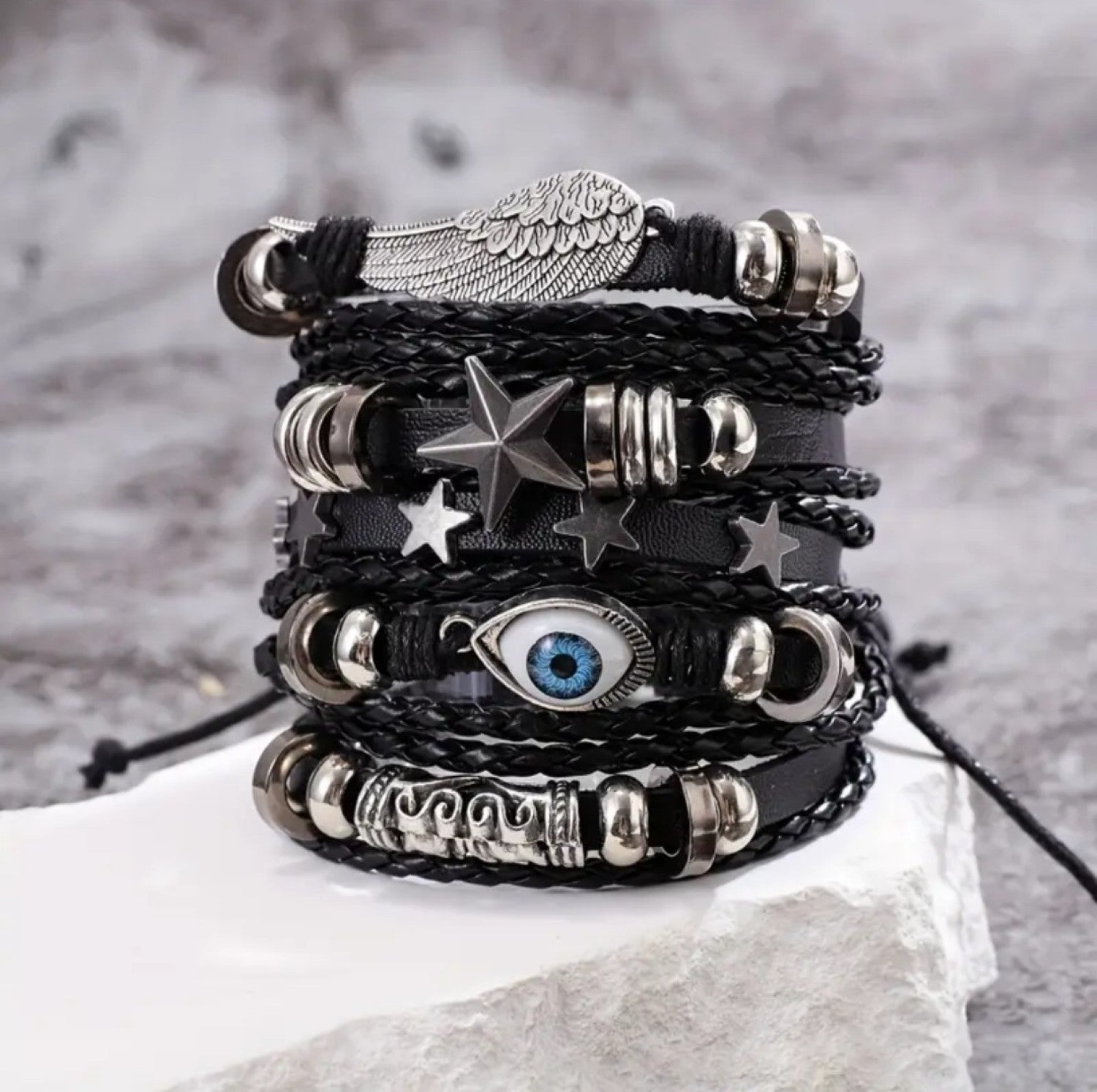 Pack of 5 Black Eclipse Eye Braided PU Leather Bracelet For Men