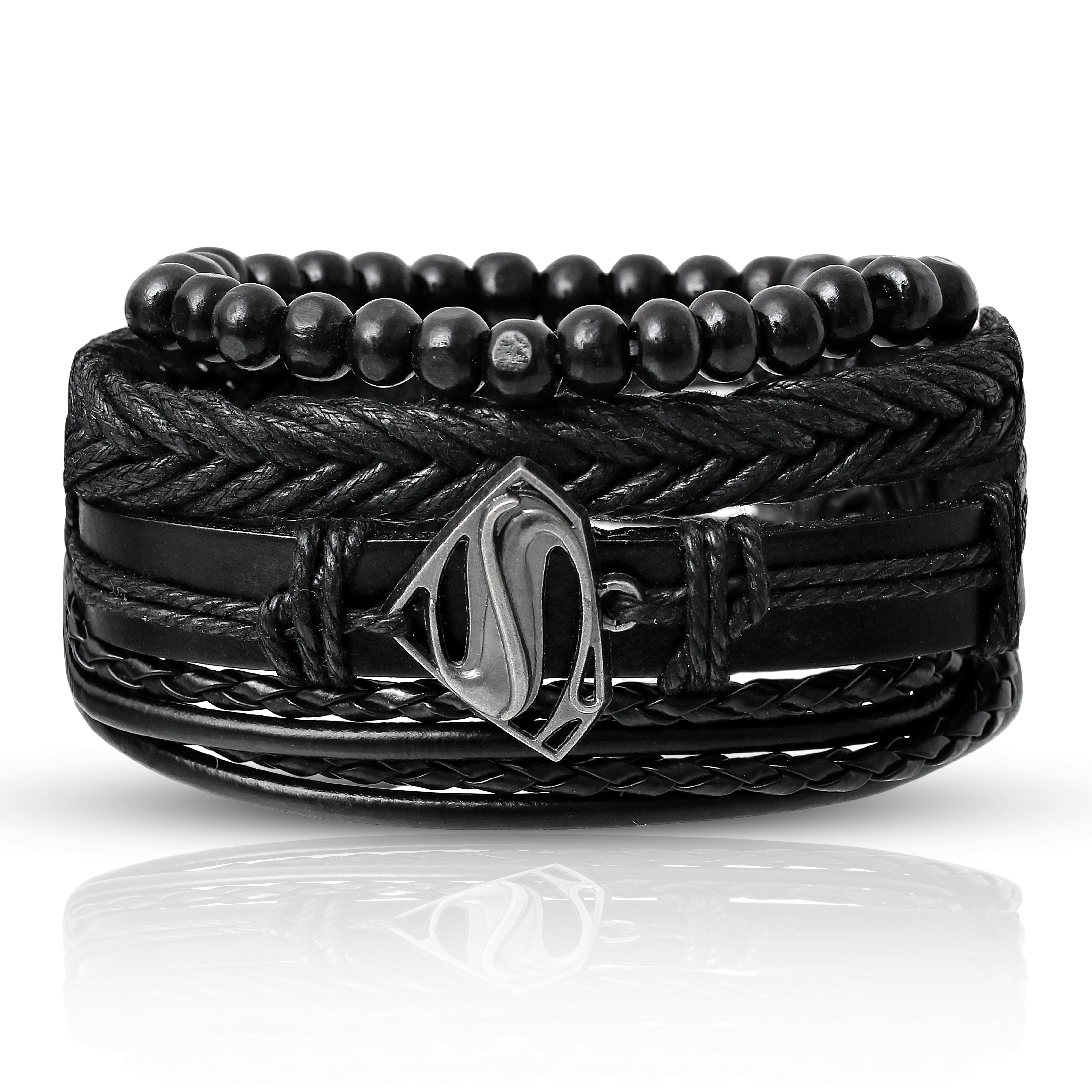 Black Braided Beaded Leather Bracelet For Men set of 4 pc