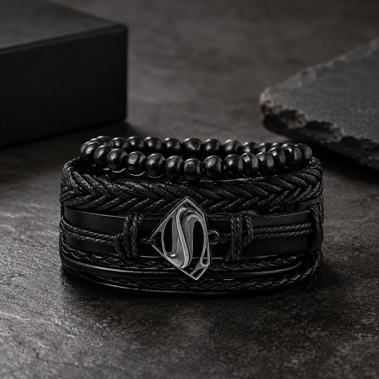 Black Braided Beaded Leather Bracelet For Men set of 4 pc