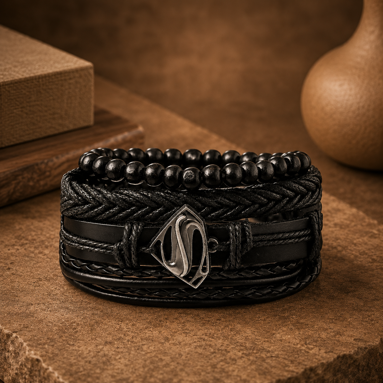 Black Braided Beaded Leather Bracelet For Men set of 4 pc