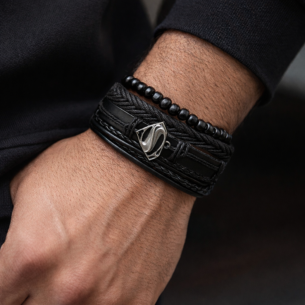 Black Braided Beaded Leather Bracelet For Men set of 4 pc