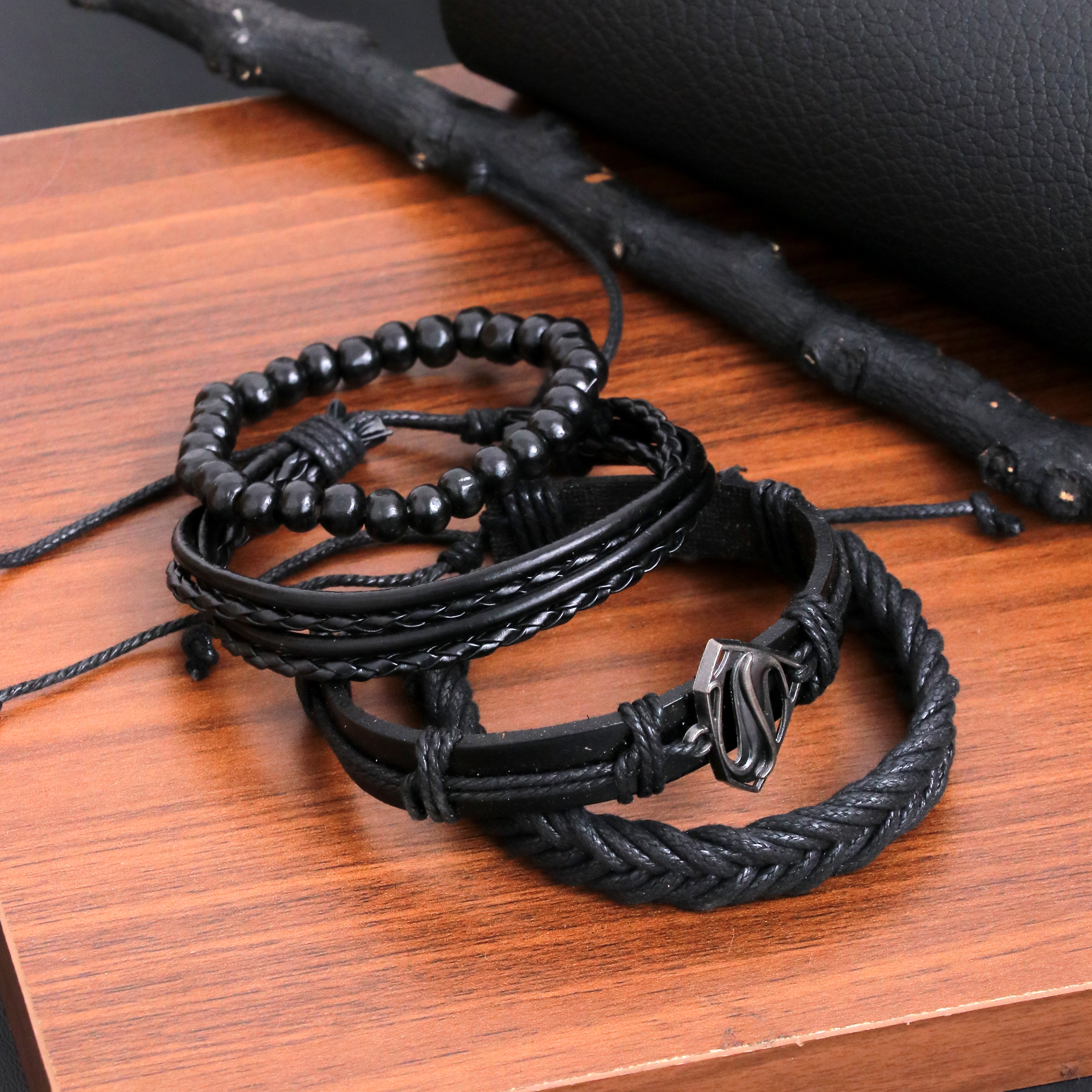 Black Braided Beaded Leather Bracelet For Men set of 4 pc