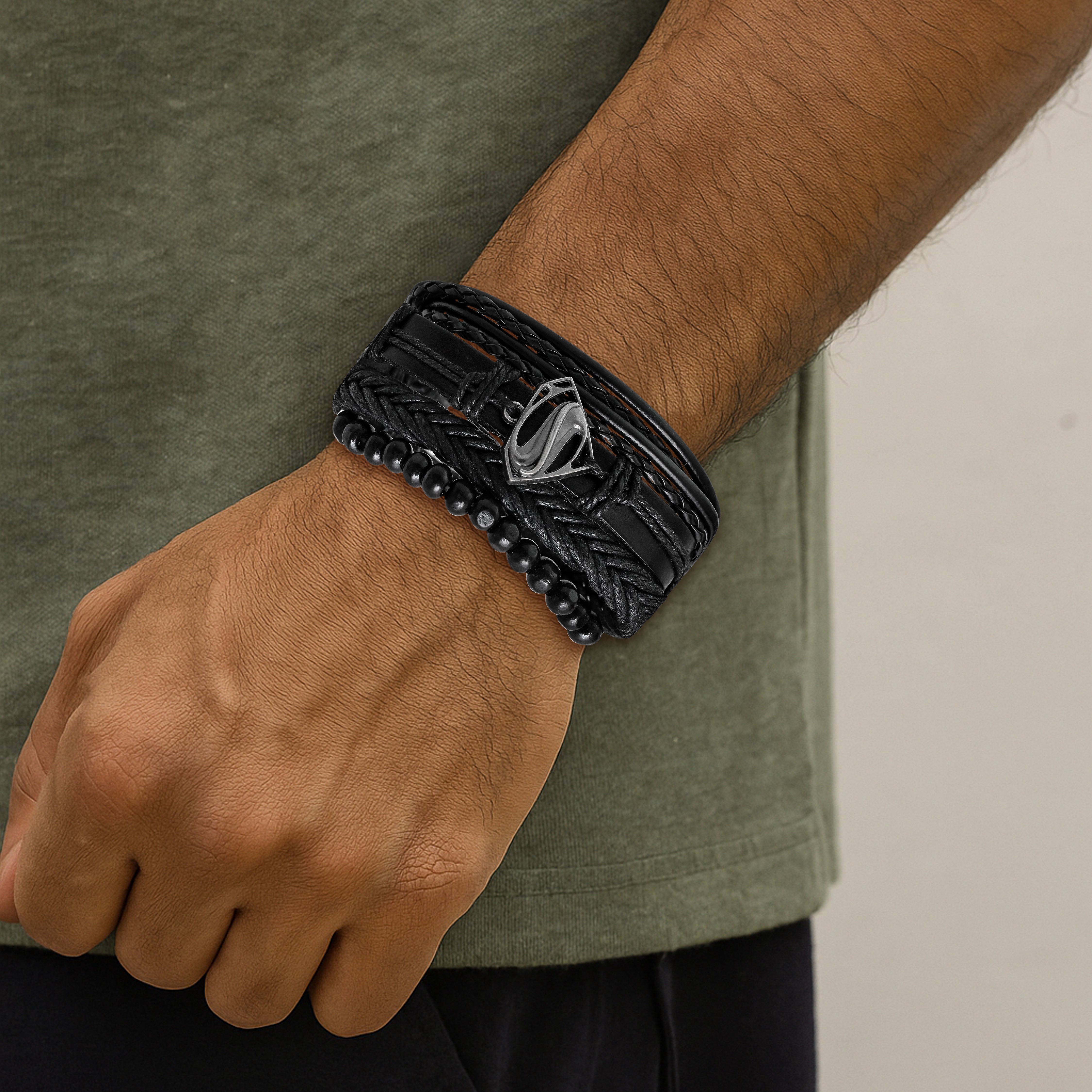Black Braided Beaded Leather Bracelet For Men set of 4 pc