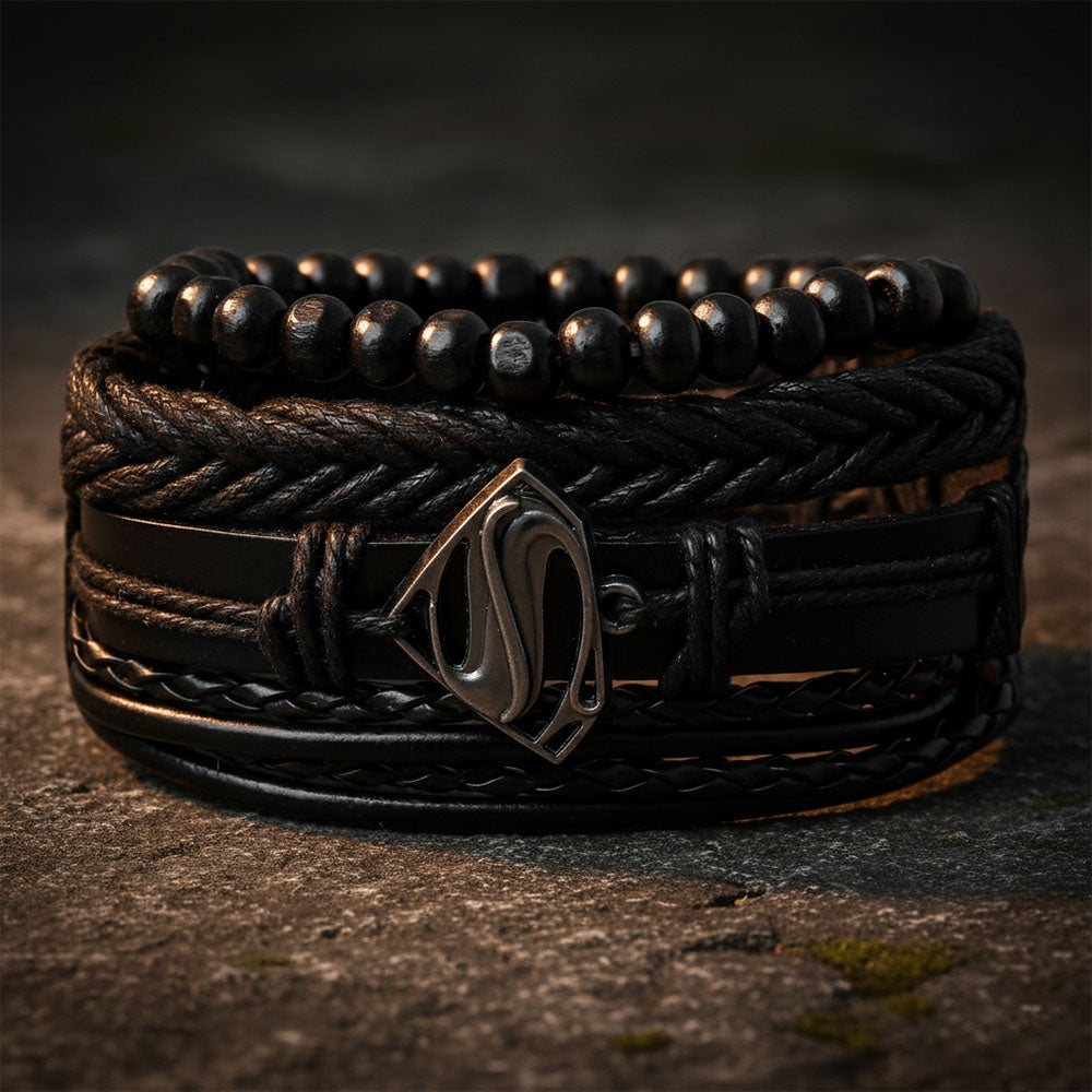 Black Braided Beaded Leather Bracelet For Men set of 4 pc