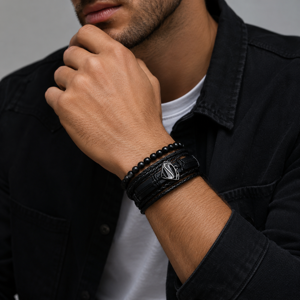 Black Braided Beaded Leather Bracelet For Men set of 4 pc