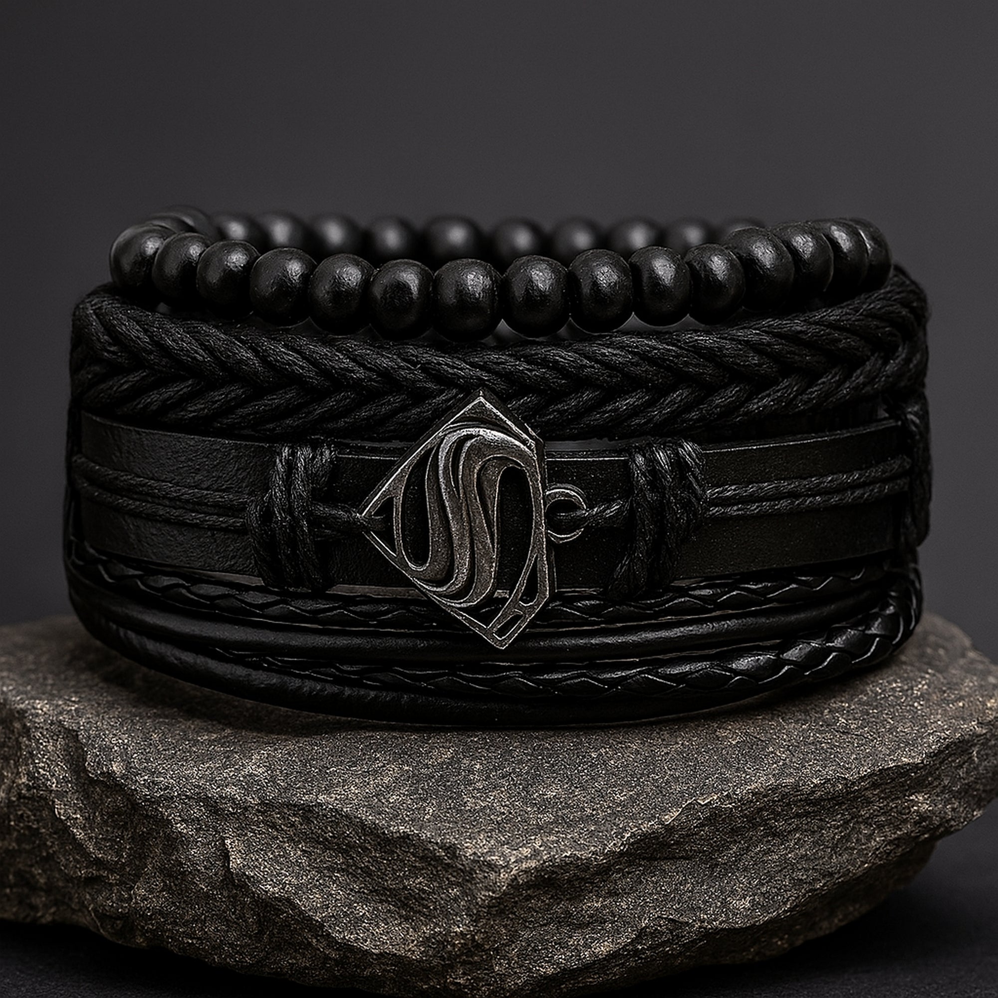 Black Braided Beaded Leather Bracelet For Men set of 4 pc
