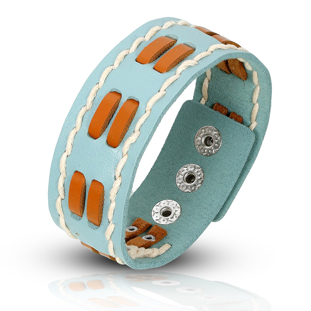 Sky Blue Wrap Button Leather Bracelet For Men