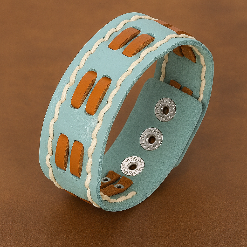 Sky Blue Wrap Button Leather Bracelet For Men