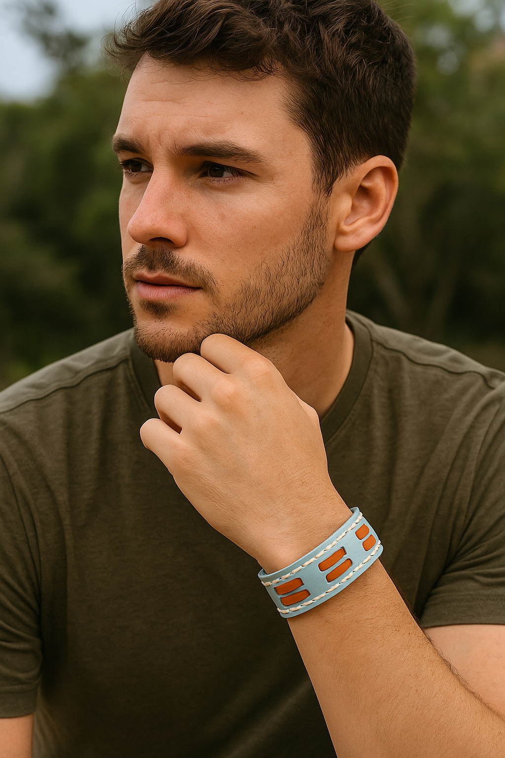 Sky Blue Wrap Button Leather Bracelet For Men