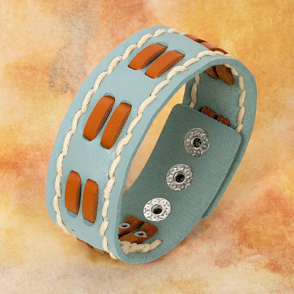 Sky Blue Wrap Button Leather Bracelet For Men