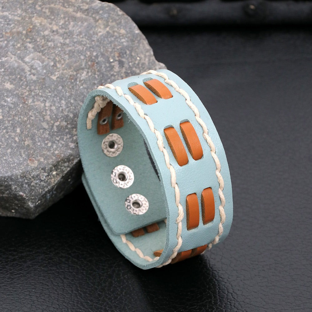 Sky Blue Wrap Button Leather Bracelet For Men