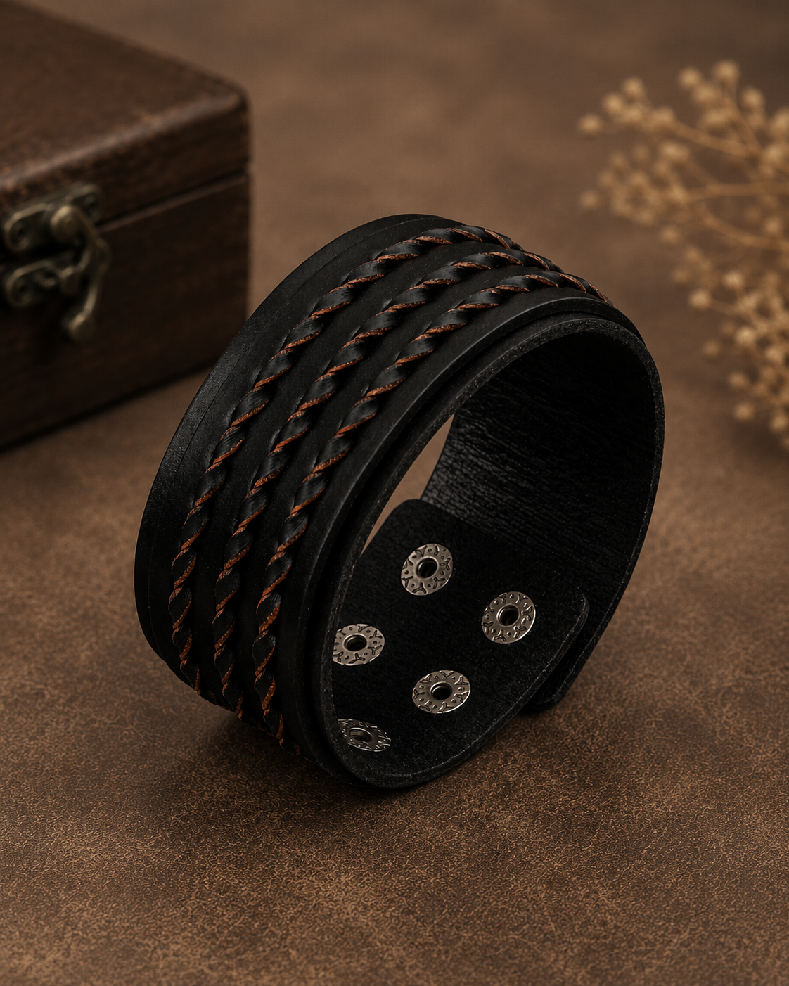 Braided Thread Wrap Band Button Leather Bracelet For Men