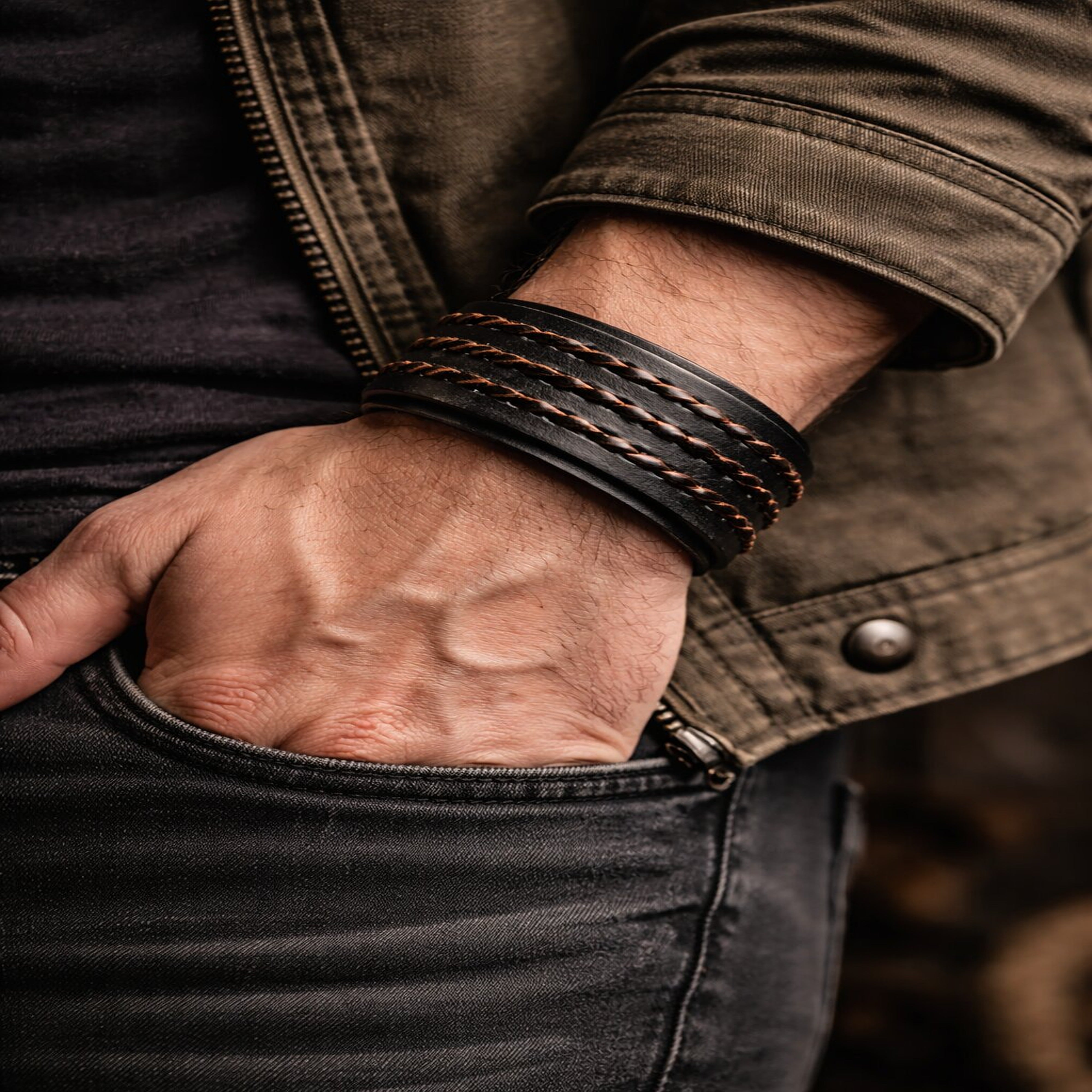 Braided Thread Wrap Band Button Leather Bracelet For Men