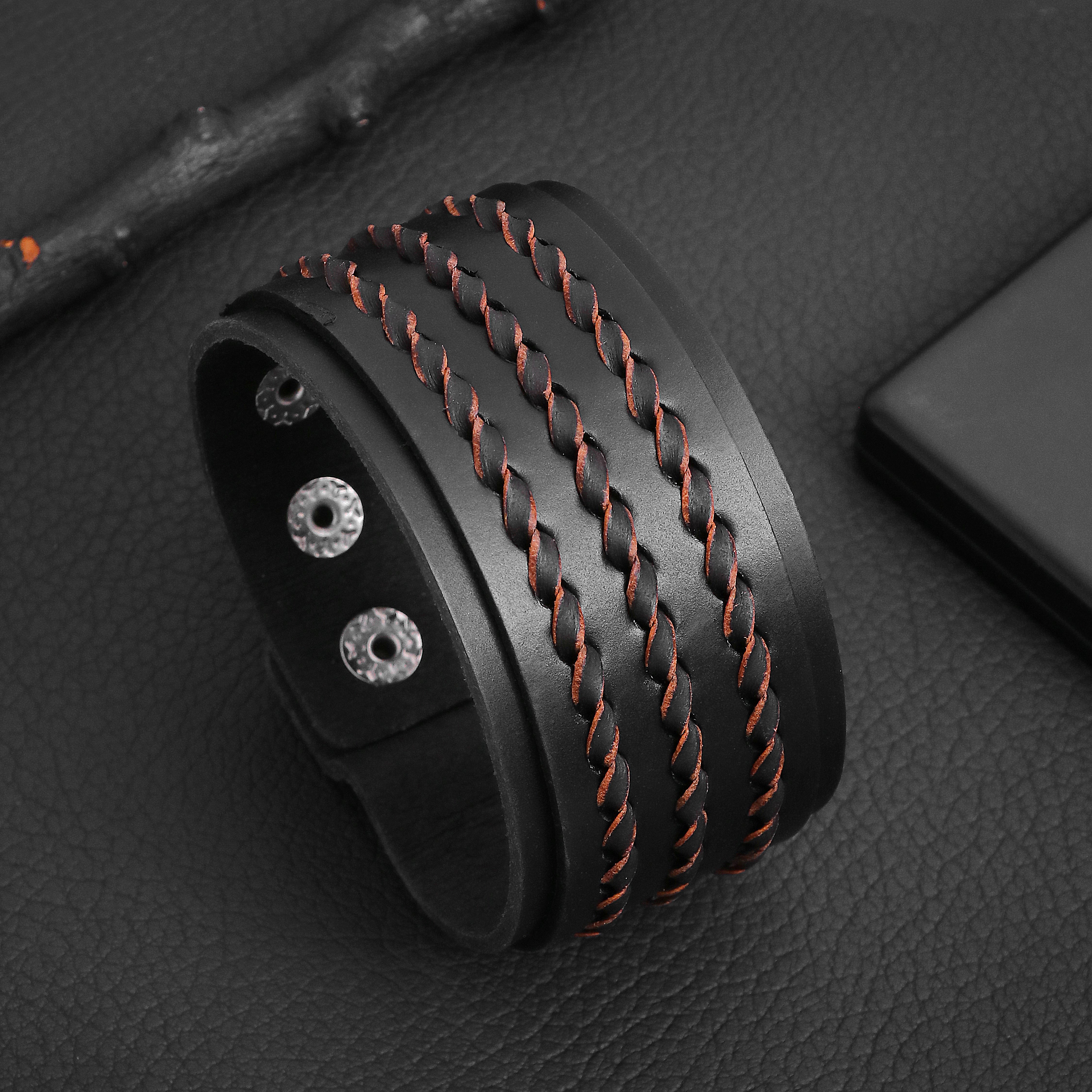 Braided Thread Wrap Band Button Leather Bracelet For Men