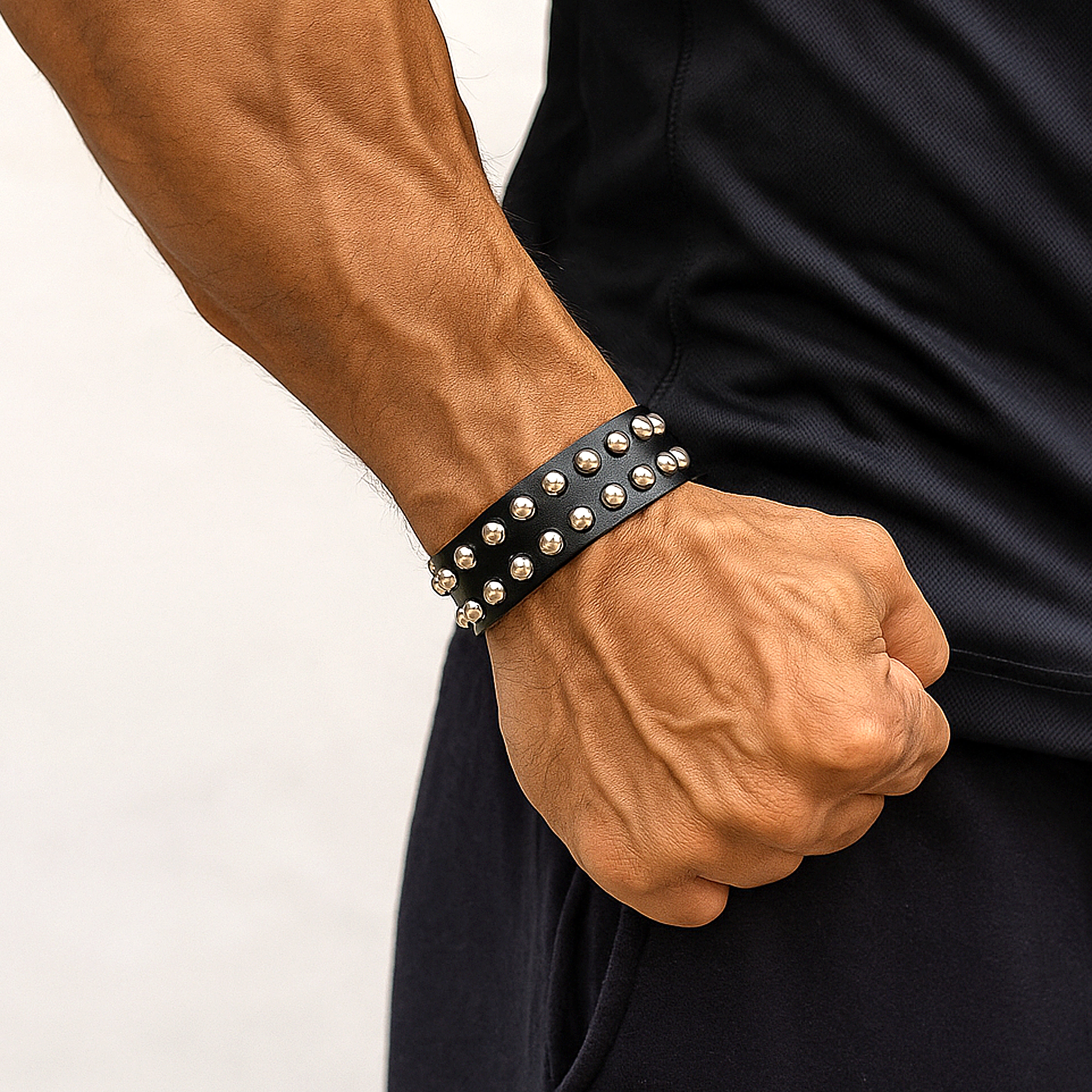 Black Biker Wide Band Strap Leather Bracelet for Men