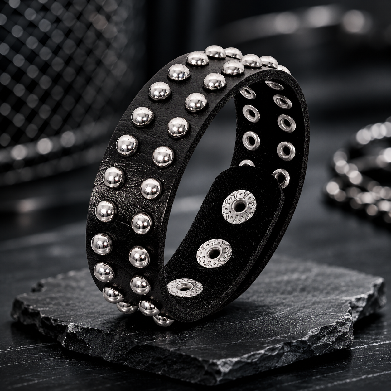 Black Biker Wide Band Strap Leather Bracelet for Men
