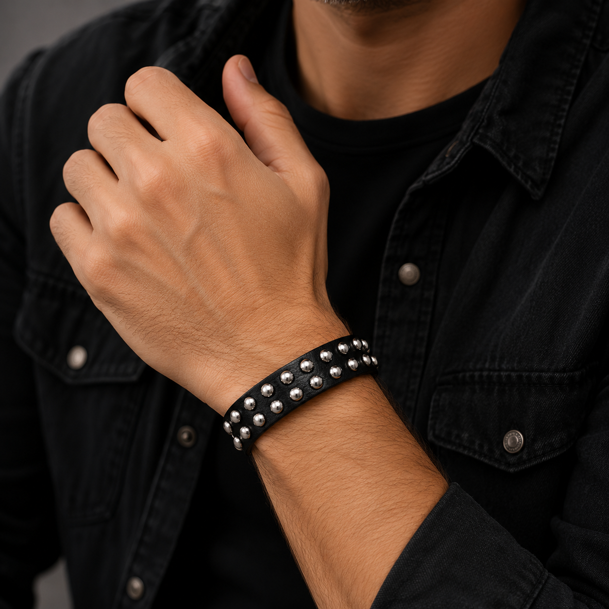 Black Biker Wide Band Strap Leather Bracelet for Men