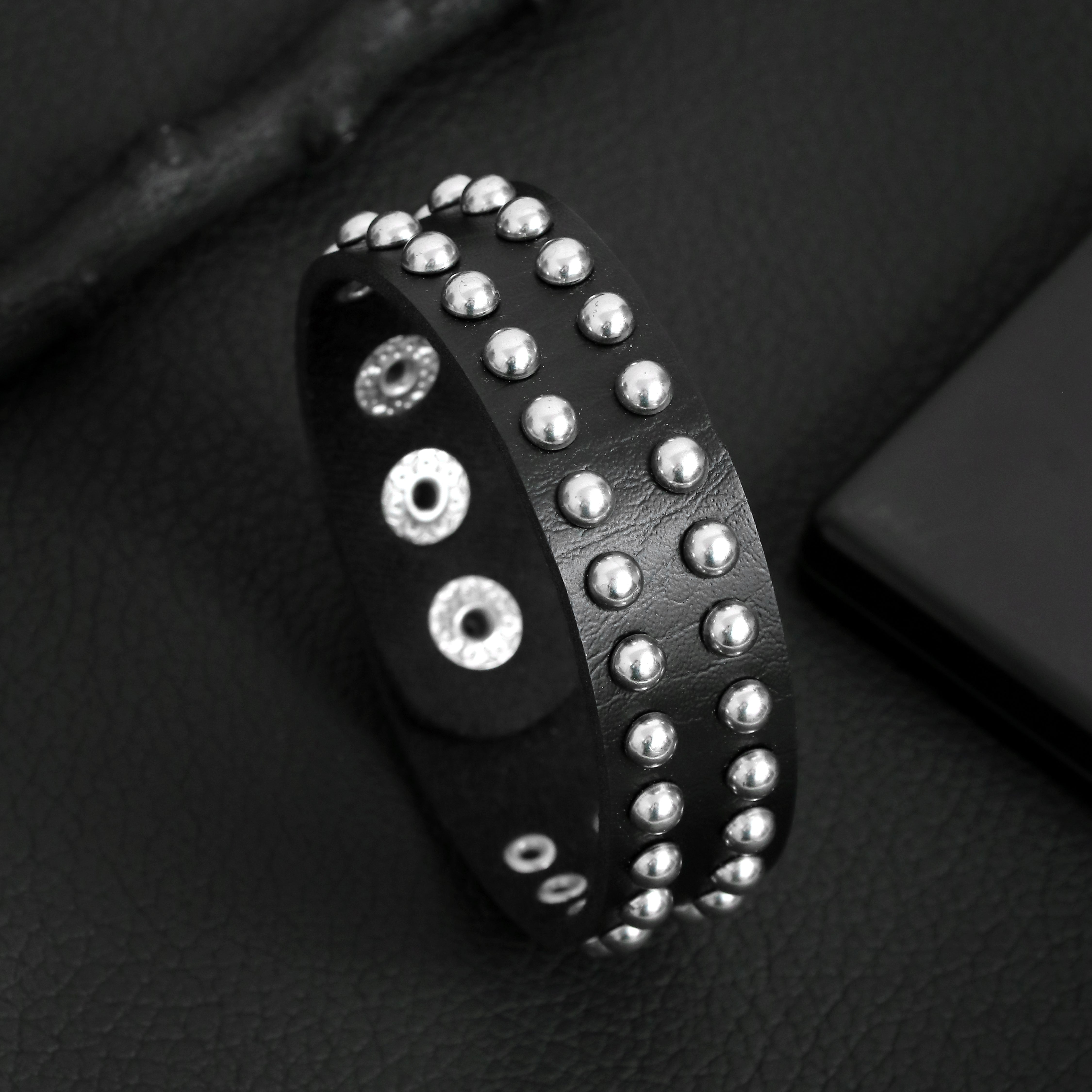 Black Biker Wide Band Strap Leather Bracelet for Men