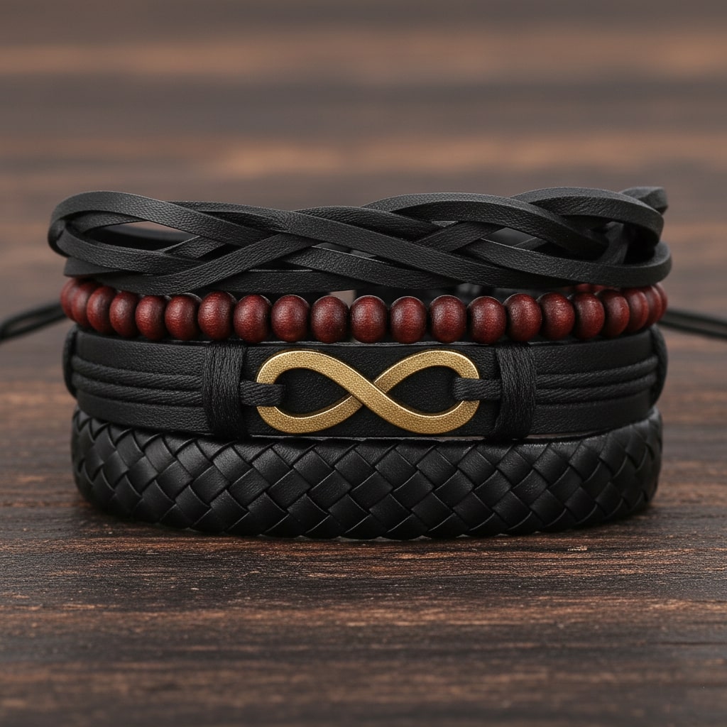 Golden Infinity Symbol Leather Bracelet for Men Pack of  4
