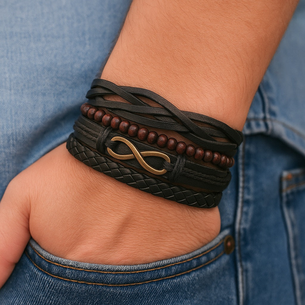 Golden Infinity Symbol Leather Bracelet for Men Pack of  4