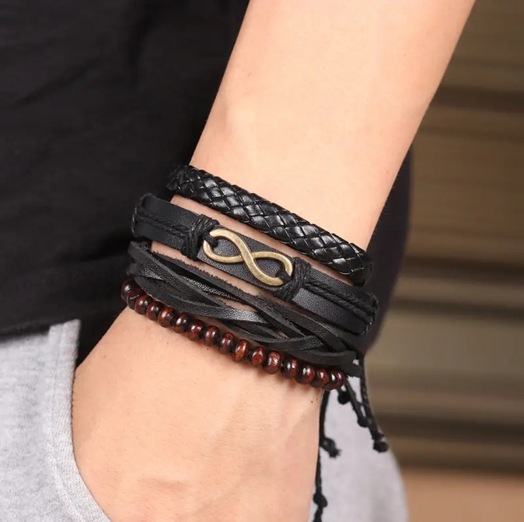 Golden Infinity Symbol Leather Bracelet for Men Pack of  4