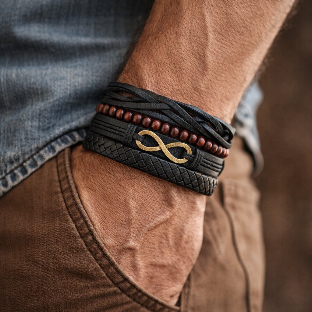 Golden Infinity Symbol Leather Bracelet for Men Pack of  4