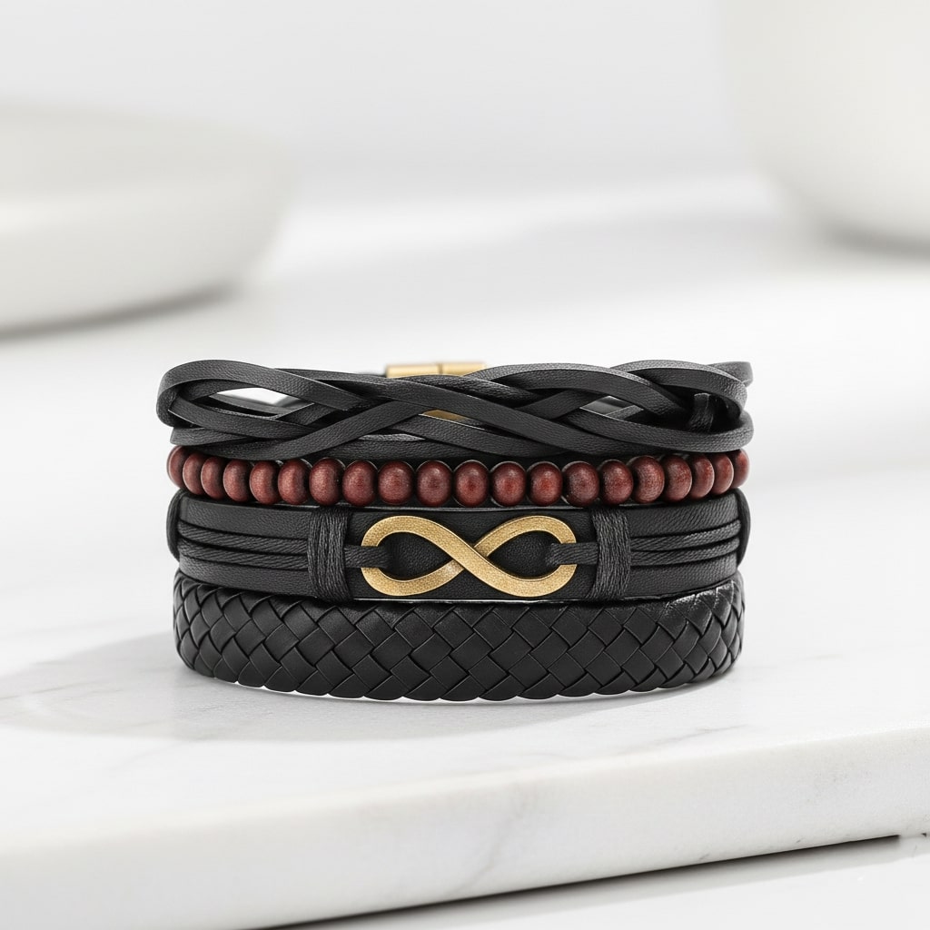 Golden Infinity Symbol Leather Bracelet for Men Pack of  4