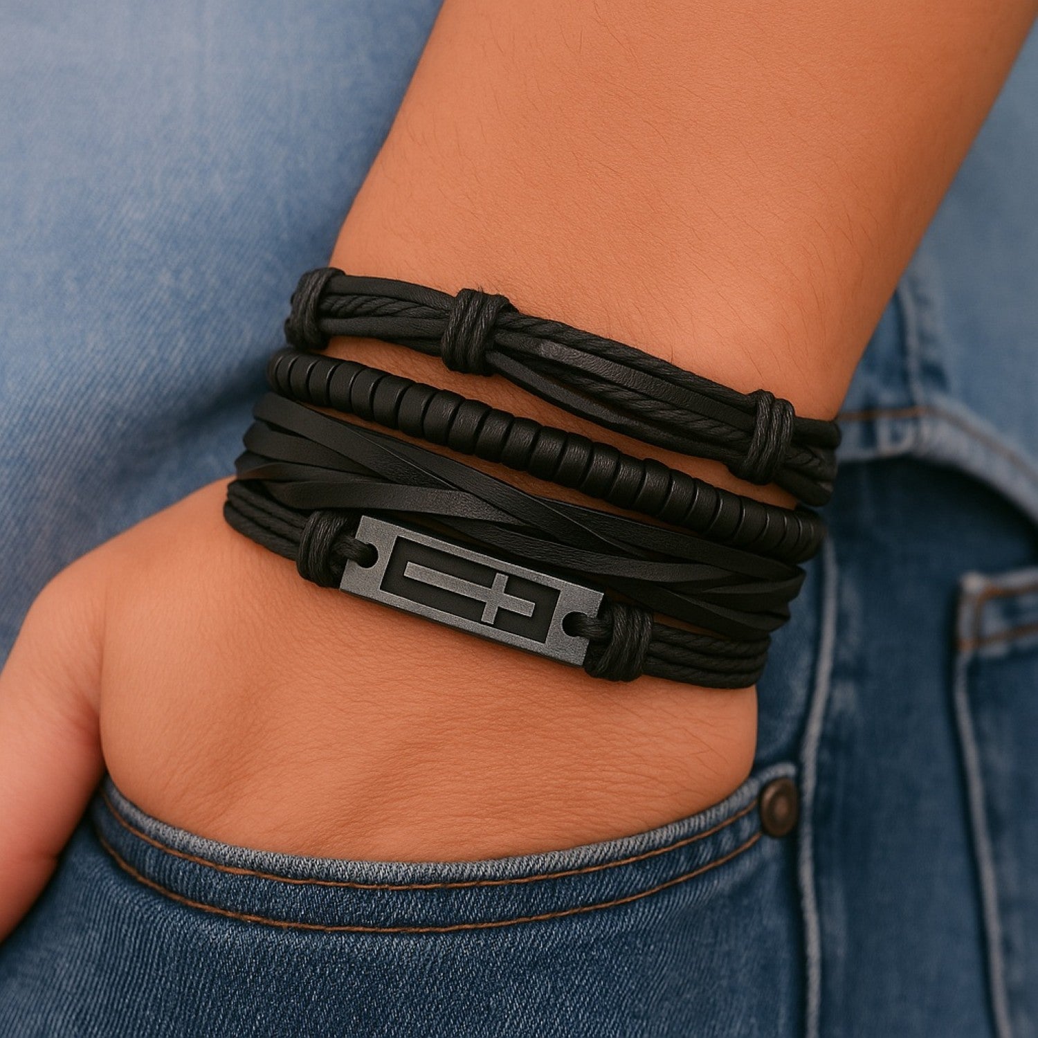 Cross Wristband Leather Bracelet for Men